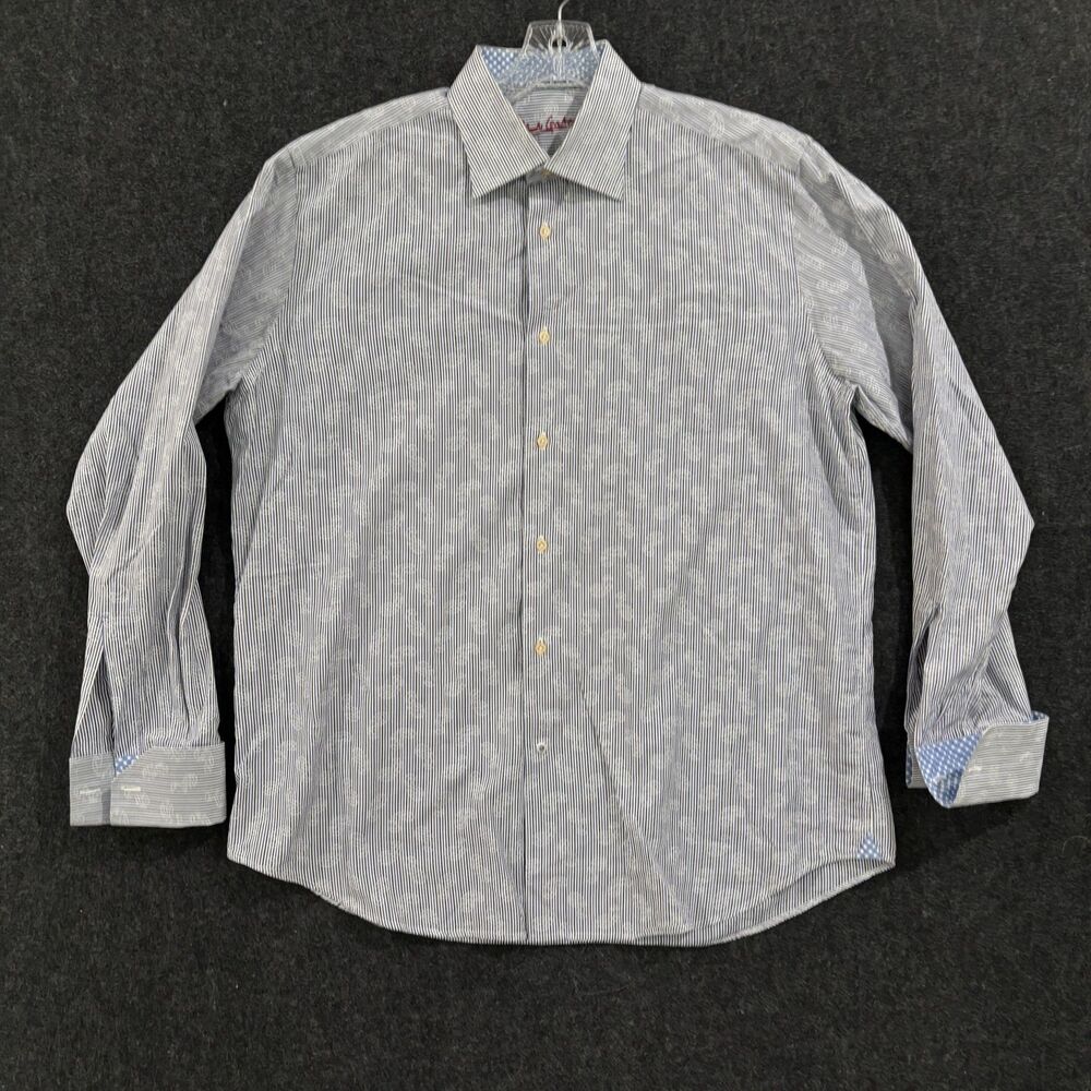 Robert Graham Shirt Men's 17 XL Blue White Paisley Stripe Button Up Flip Cuff